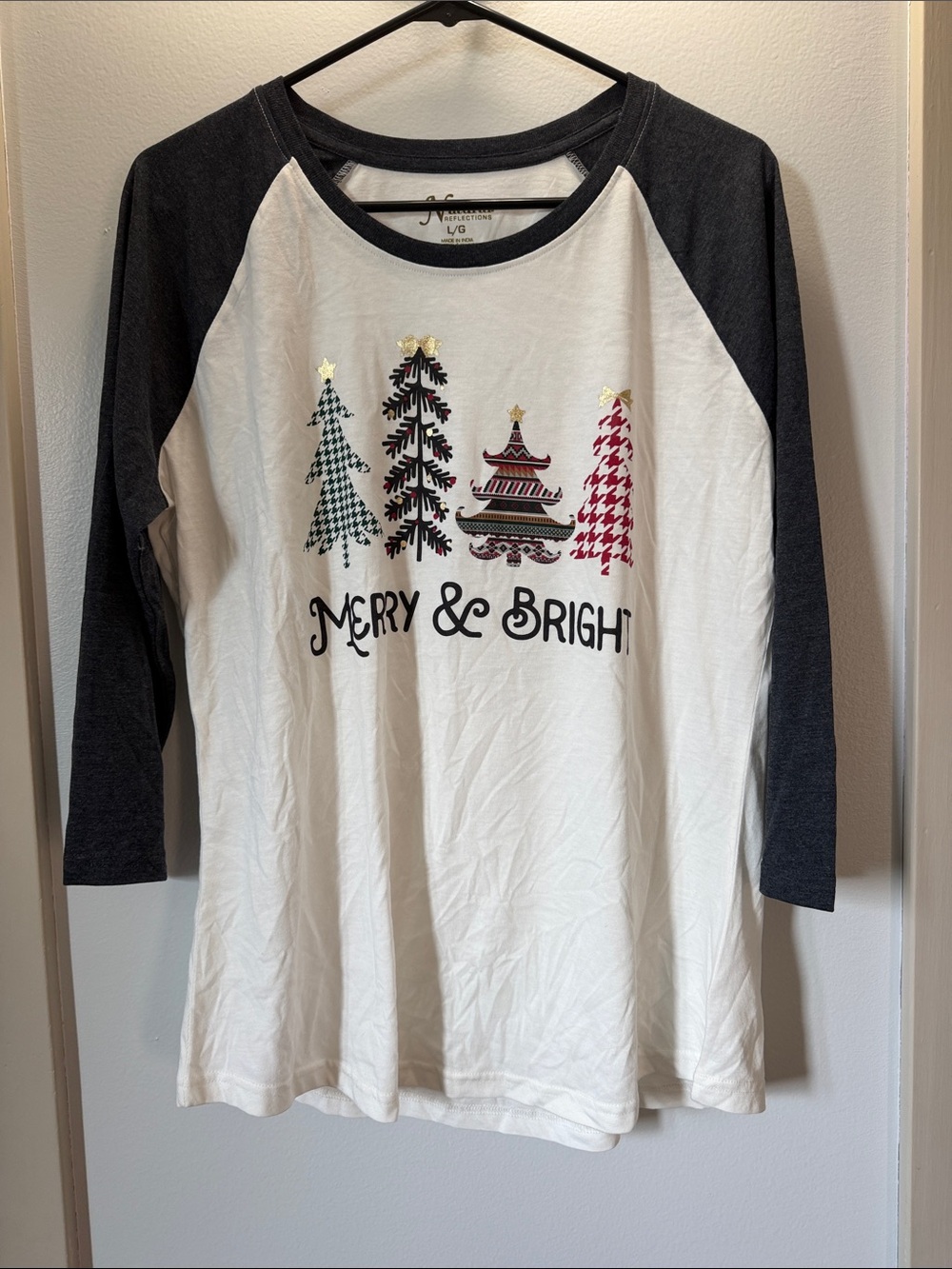 Natural Reflections Black & White Raglan Tee with Festive Tree Graphic